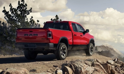  2019 red Ram 1500 parked on a cliff